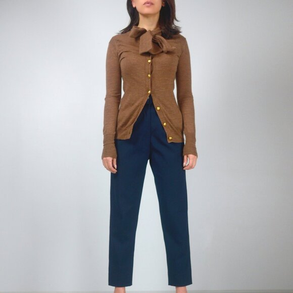 Pink Tartan Merino Wool Caramel Cardigan with Gold Buttons & Tie Neck, sz XS - Picture 1 of 13